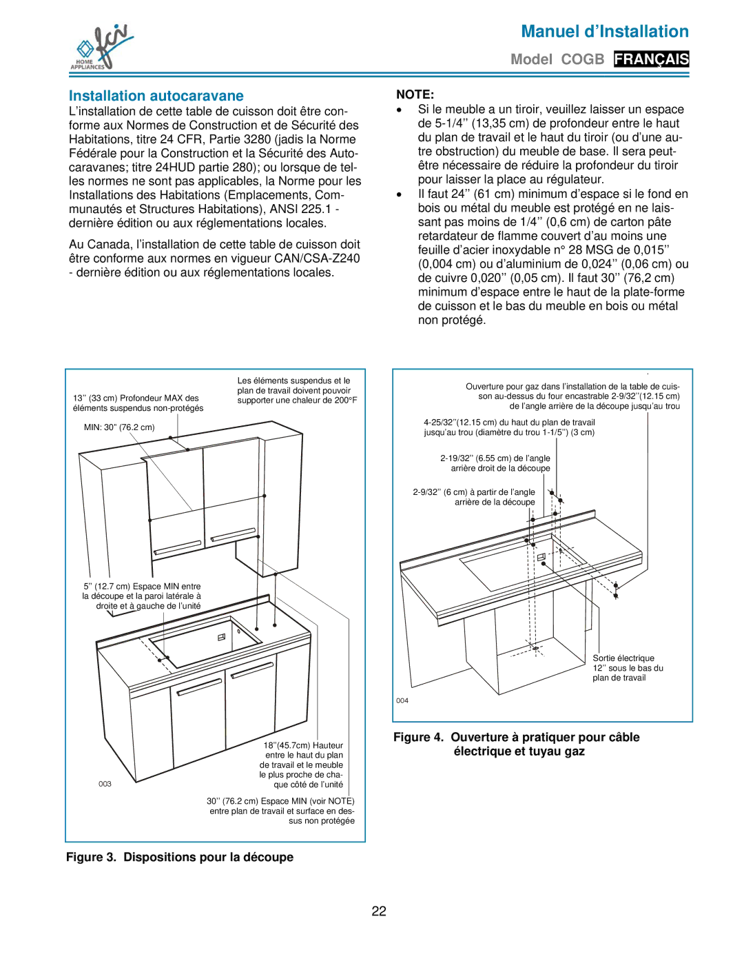 FCI Home Appliances COGB33062/SS Installation autocaravane, Ouverture à pratiquer pour câble électrique et tuyau gaz 