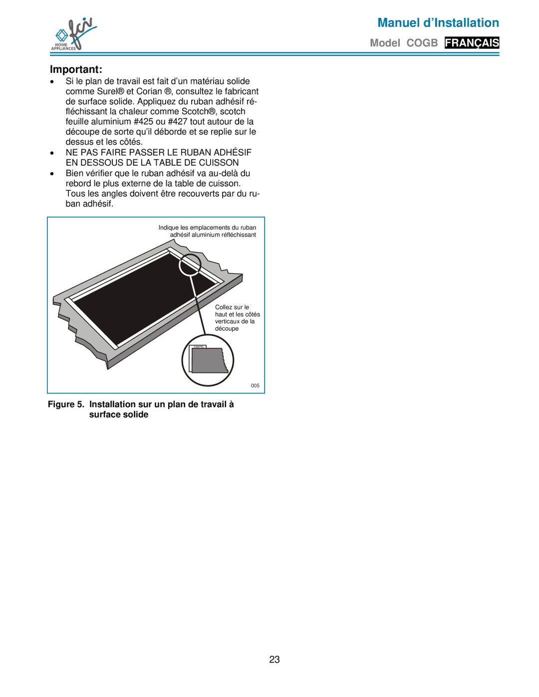 FCI Home Appliances COGB 33062/L/SS, COGB33060/BL, COGB 33060/L/BL Installation sur un plan de travail à surface solide 