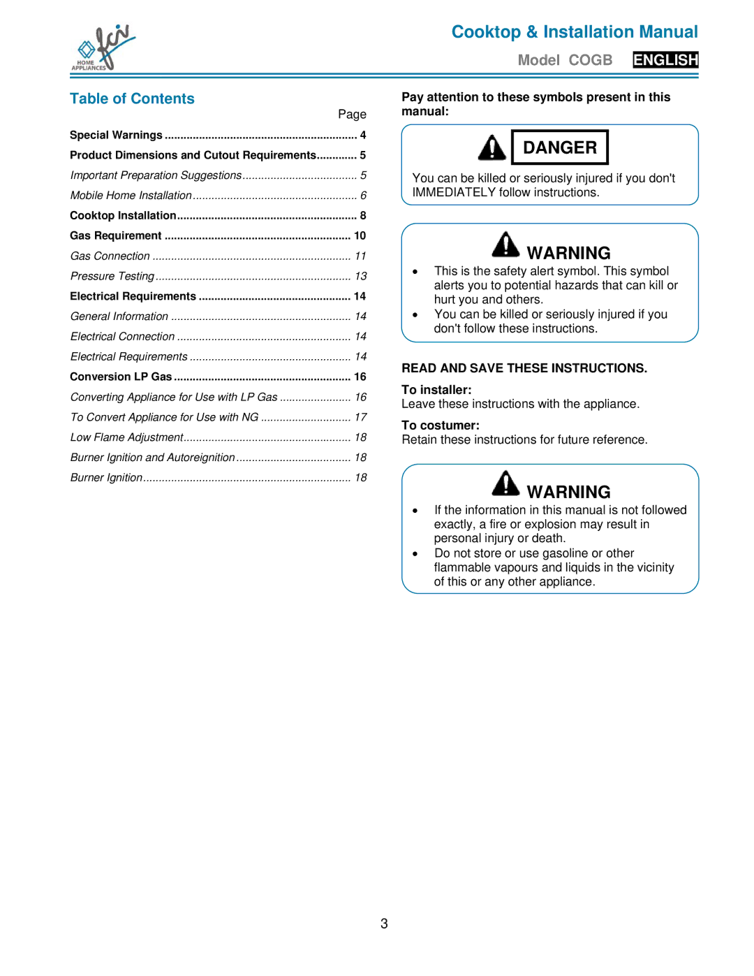 FCI Home Appliances COGB33061/WH, COGB33060/BL, COGB 33060/L/BL Cooktop & Installation Manual, Table of Contents 