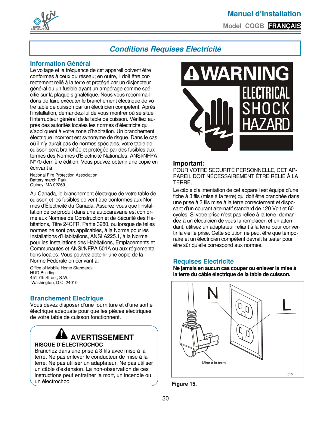 FCI Home Appliances COGB33060/BL Conditions Requises Electricité, Information Général, Branchement Electrique 