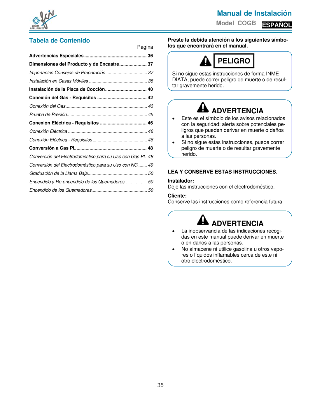 FCI Home Appliances COGB 33062/L/SS Tabela de Contenido, Pagina, LEA Y Conserve Estas INSTRUCCIONES. Instalador, Cliente 