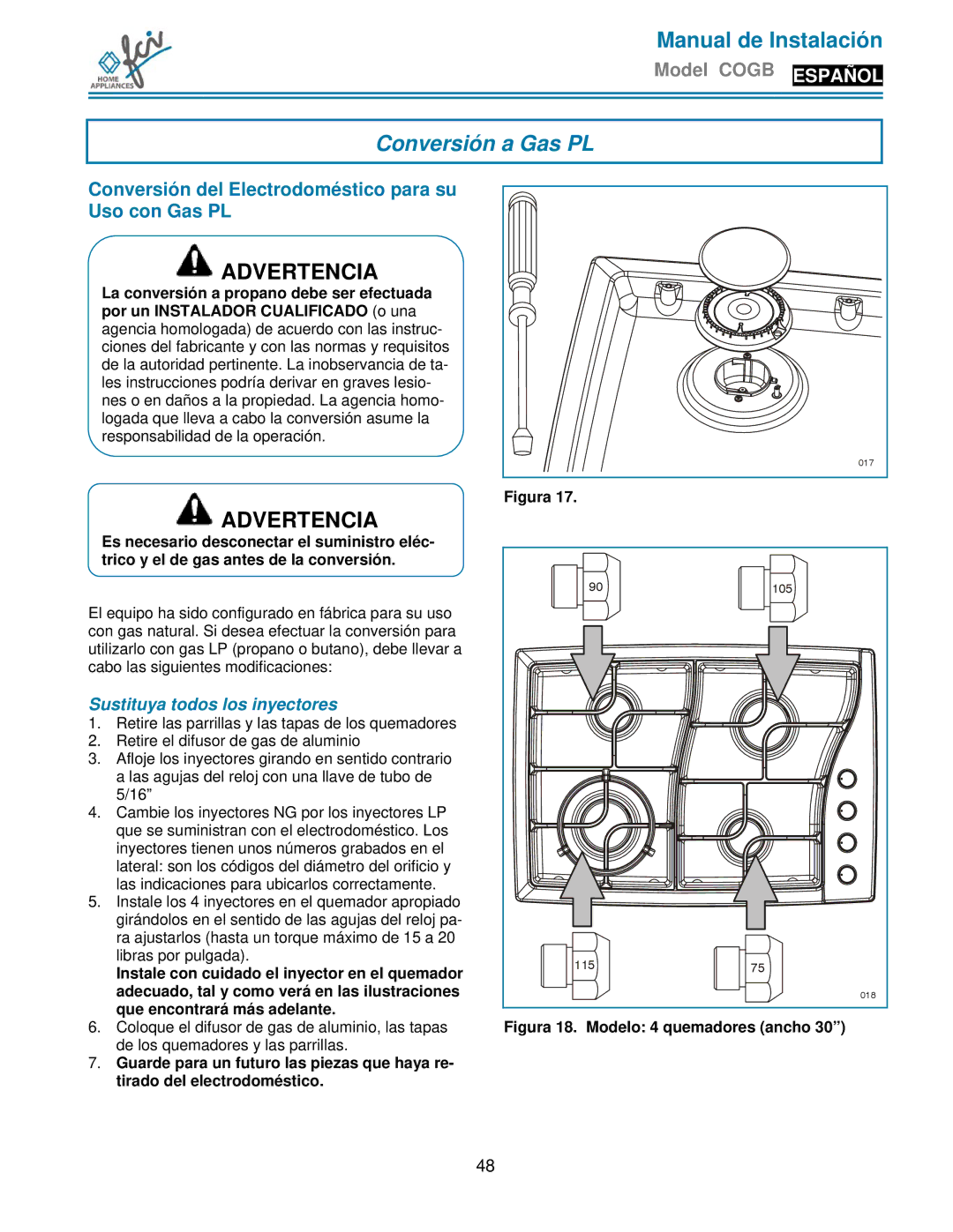 FCI Home Appliances COGB33060/BL, COGB33061/WH Conversión a Gas PL, Conversión del Electrodoméstico para su Uso con Gas PL 