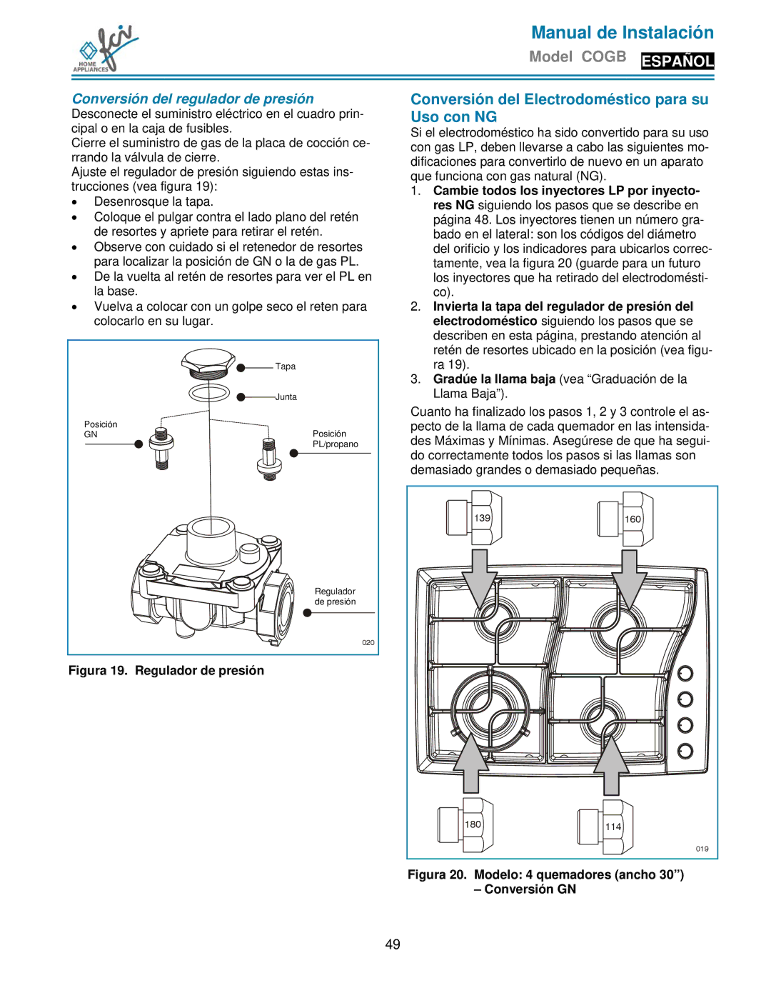 FCI Home Appliances COGB 33060/L/BL, COGB33060/BL, COGB 33061/L/WH Conversión del Electrodoméstico para su, Uso con NG 