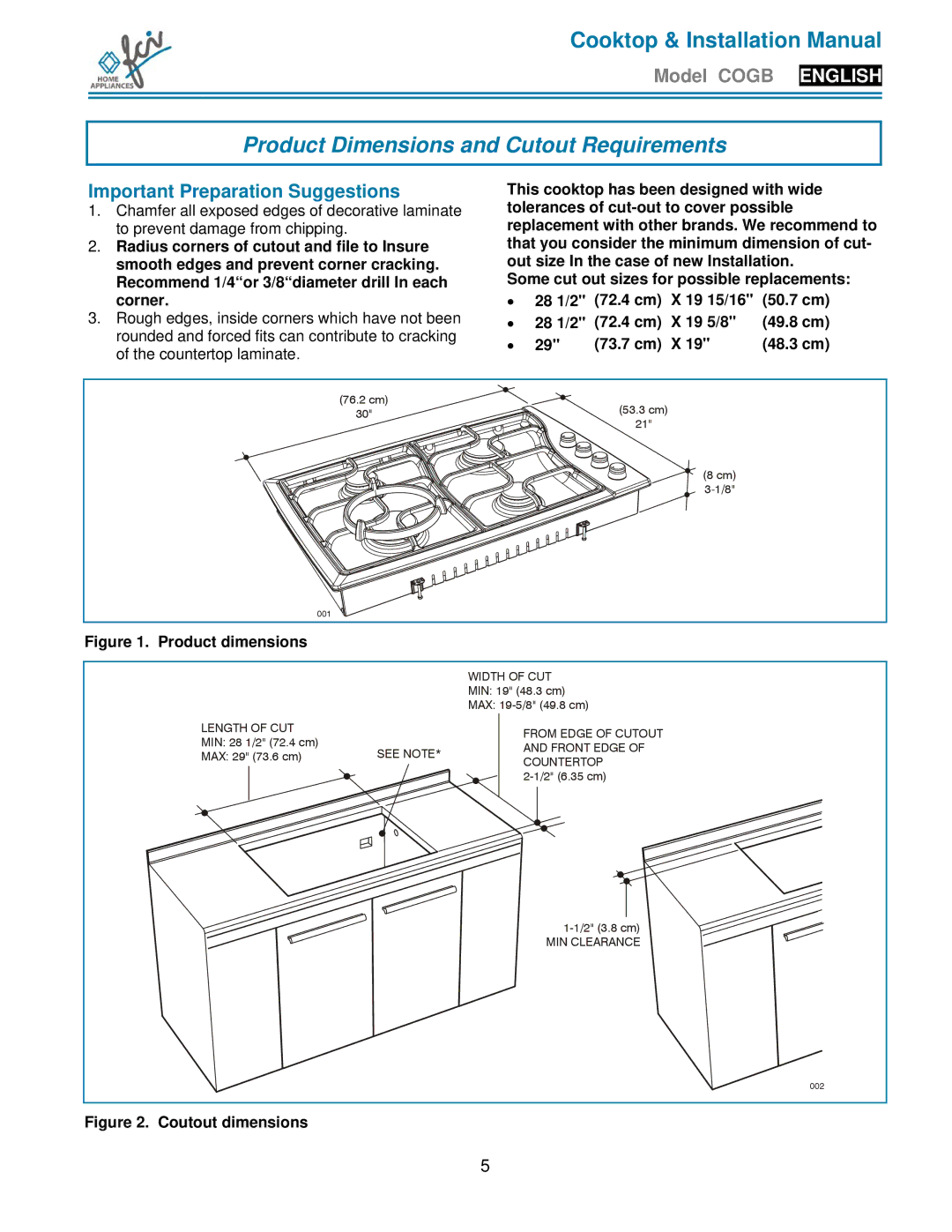 FCI Home Appliances COGB 33062/L/SS Product Dimensions and Cutout Requirements, Important Preparation Suggestions 