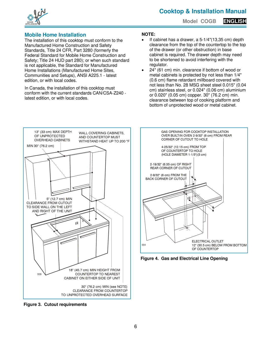 FCI Home Appliances COGB33060/BL, COGB 33060/L/BL, COGB33061/WH Mobile Home Installation, Gas and Electrical Line Opening 