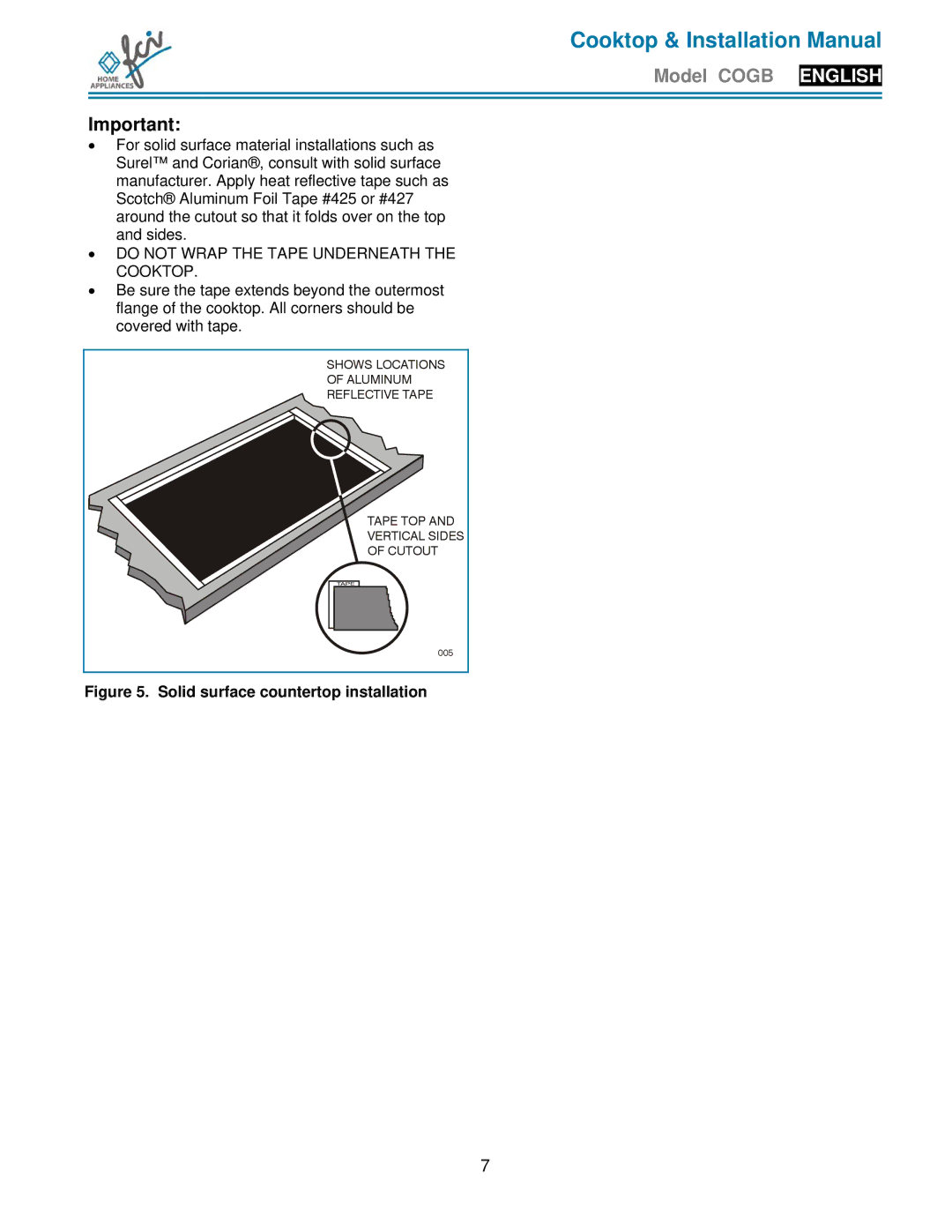 FCI Home Appliances COGB 33060/L/BL, COGB33060/BL, COGB 33061/L/WH, COGB33061/WH Solid surface countertop installation 