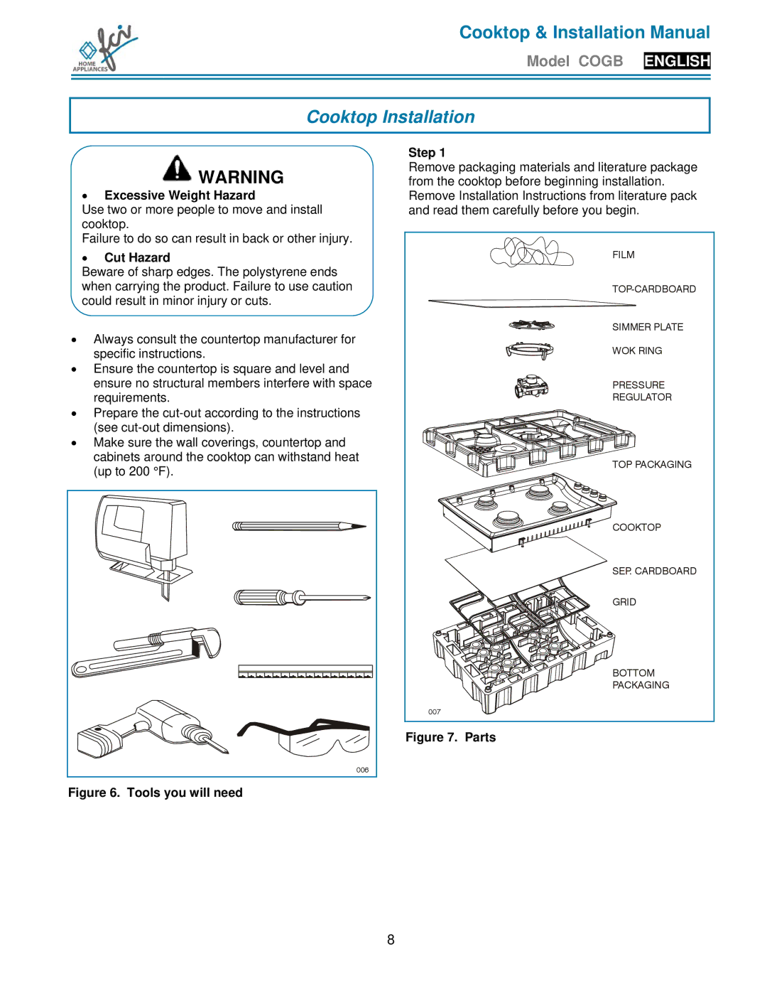 FCI Home Appliances COGB 33061/L/WH, COGB33060/BL Cooktop Installation, Excessive Weight Hazard, Cut Hazard, Step 