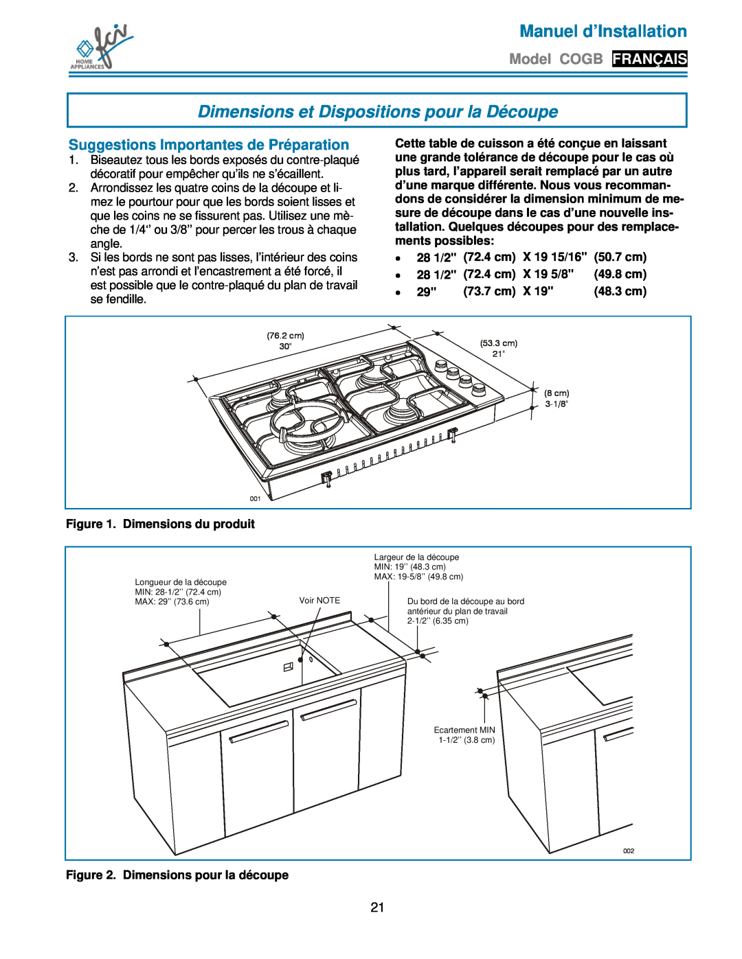 FCI Home Appliances COGB33061/WH Dimensions et Dispositions pour la Découpe, Suggestions Importantes de Préparation 