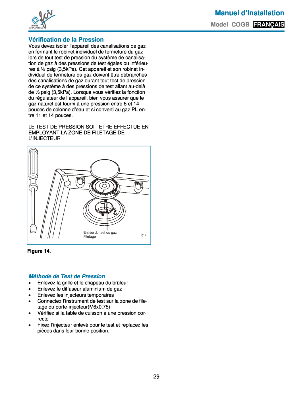 FCI Home Appliances COGB 33062/L/SS Vérification de la Pression, Méthode de Test de Pression, Manuel d’Installation 