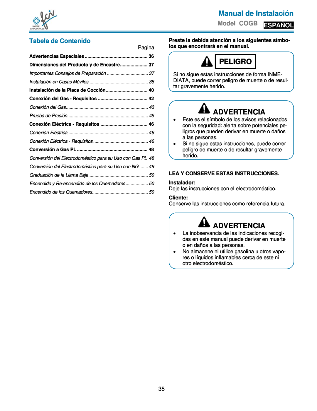 FCI Home Appliances COGB 33062/L/SS Manual de Instalación, Peligro, Advertencia, Model COGB ESPAÑOL, Tabela de Contenido 