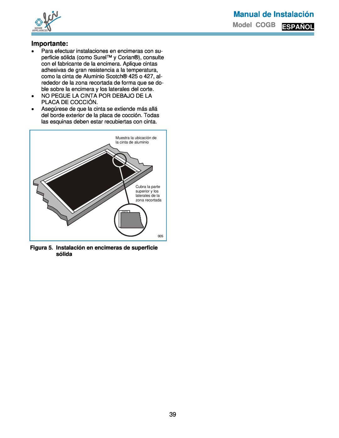 FCI Home Appliances COGB33061/WH Figura 5. Instalación en encimeras de superficie sólida, Manual de Instalación 