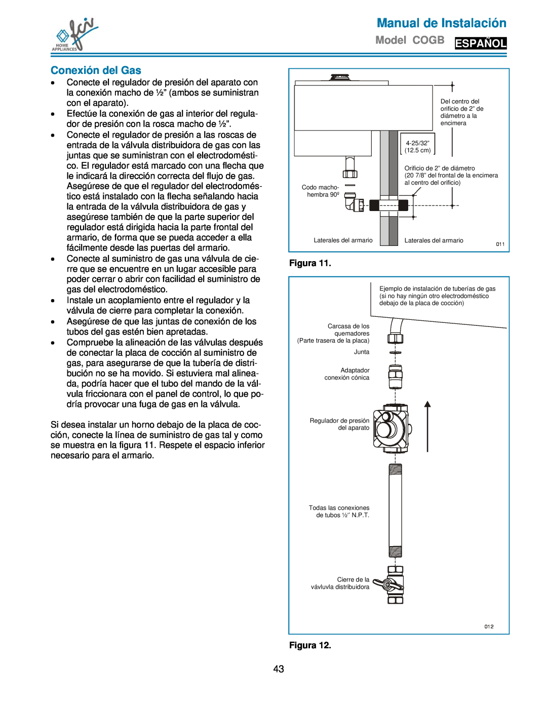 FCI Home Appliances COGB 33060/L/BL, COGB33060/BL Conexión del Gas, Manual de Instalación, Model COGB ESPAÑOL, Figura 