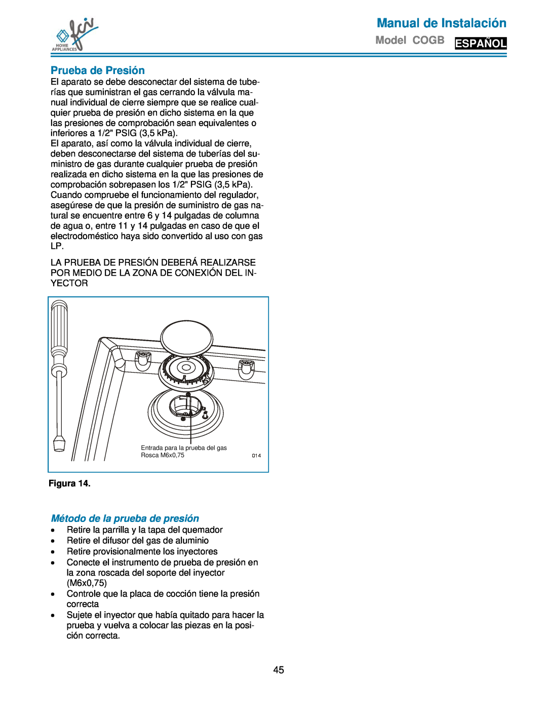 FCI Home Appliances COGB33061/WH Prueba de Presión, Método de la prueba de presión, Manual de Instalación, Figura 