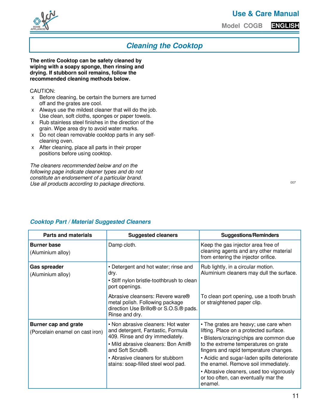 FCI Home Appliances COGB33062 manual Cleaning the Cooktop, Cooktop Part / Material Suggested Cleaners, Gas spreader 