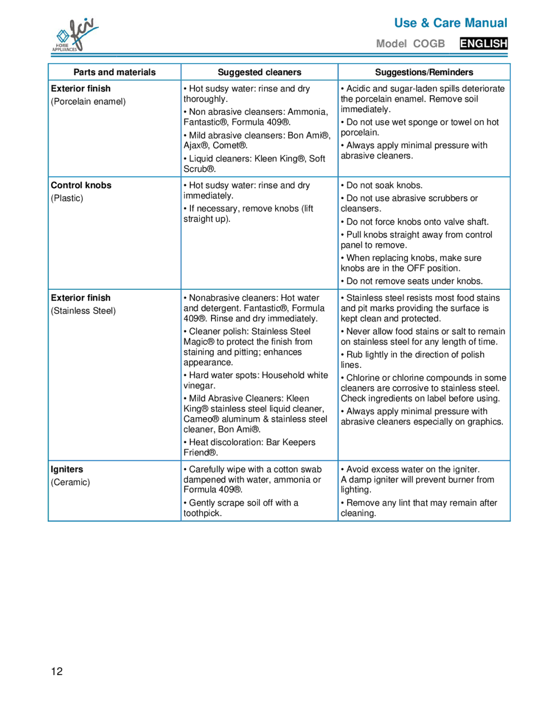 FCI Home Appliances COGB33062 manual Control knobs, Igniters 