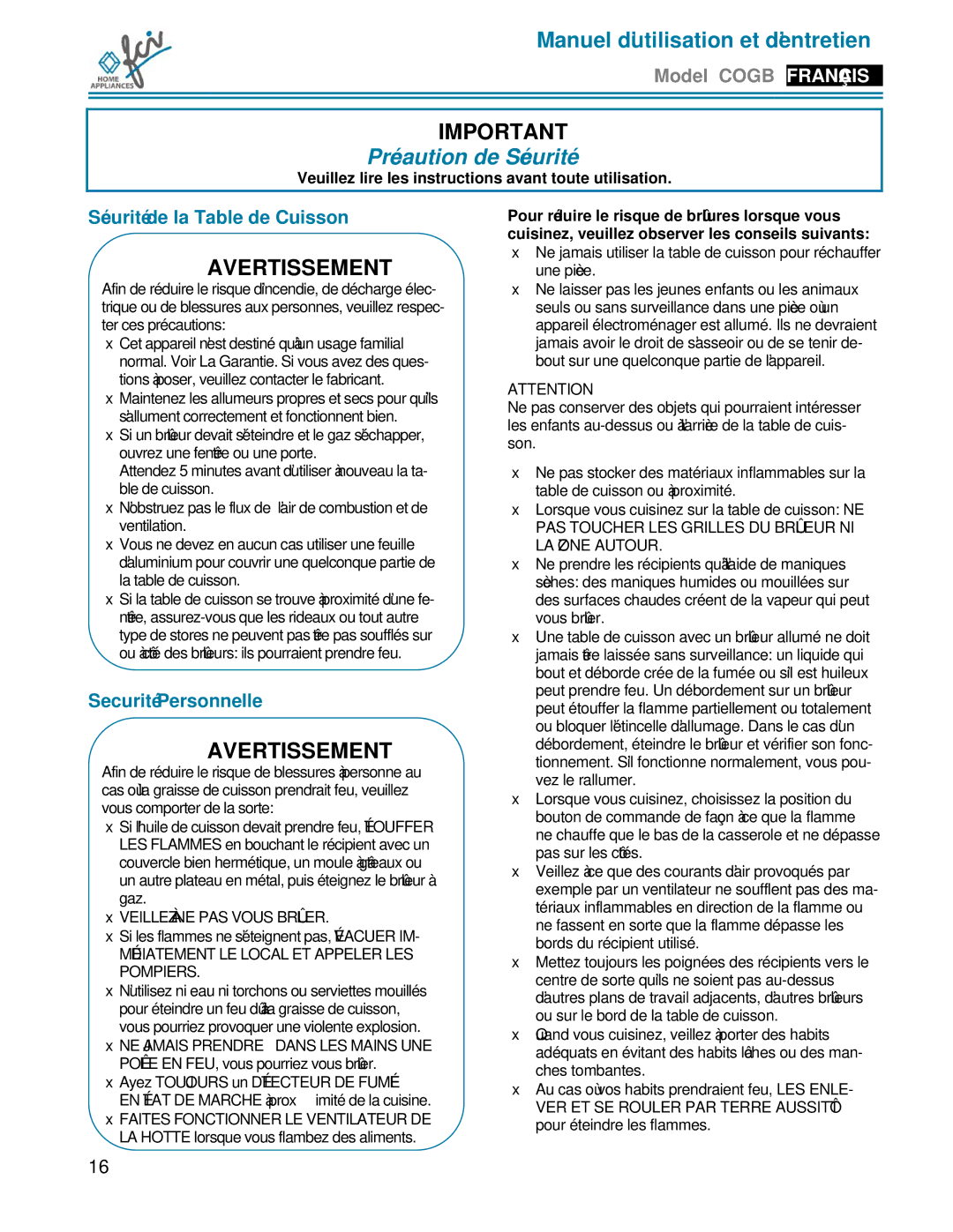 FCI Home Appliances COGB33062 manual Précaution de Sécurité, Sécurité de la Table de Cuisson, Securité Personnelle 