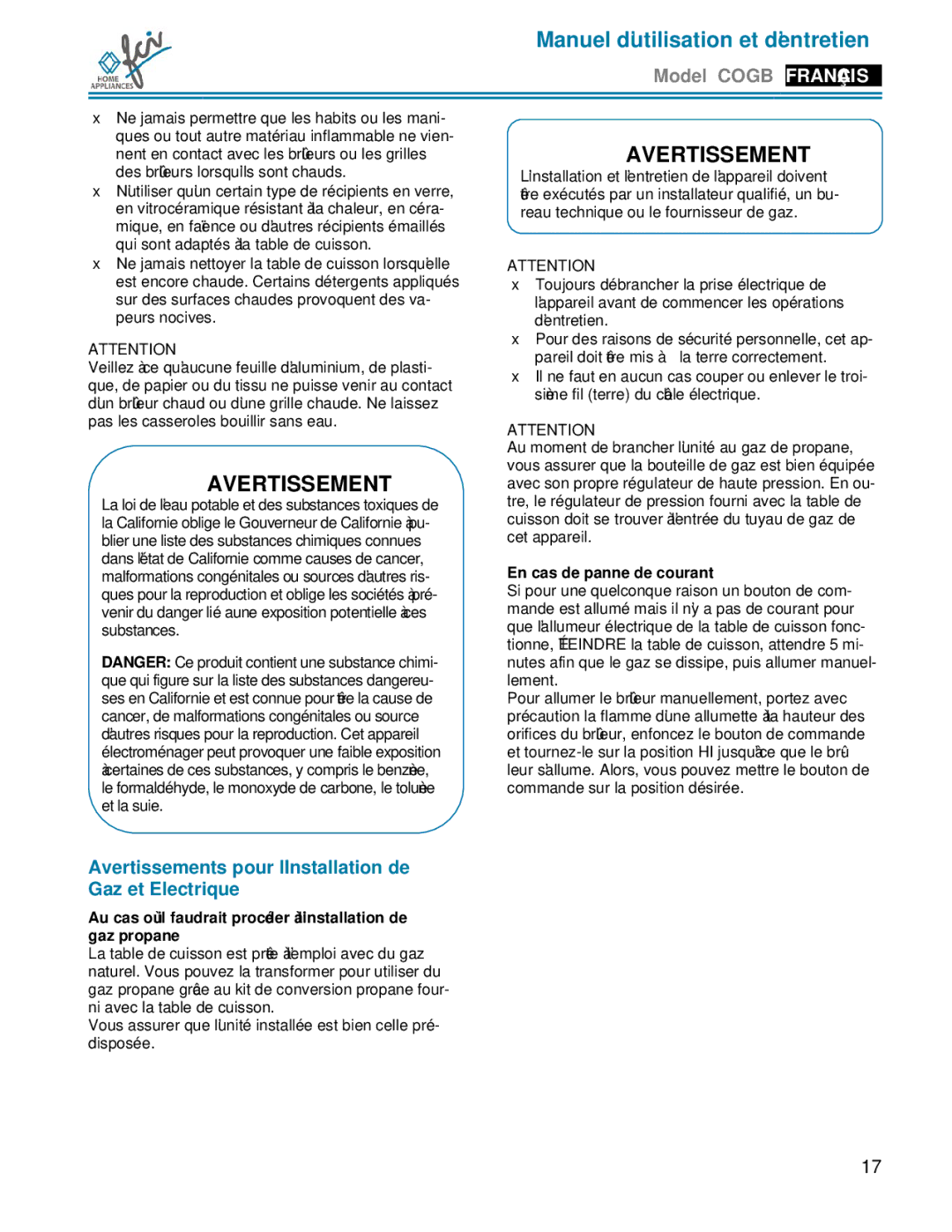 FCI Home Appliances COGB33062 manual Avertissements pour l’Installation de Gaz et Electrique, En cas de panne de courant 