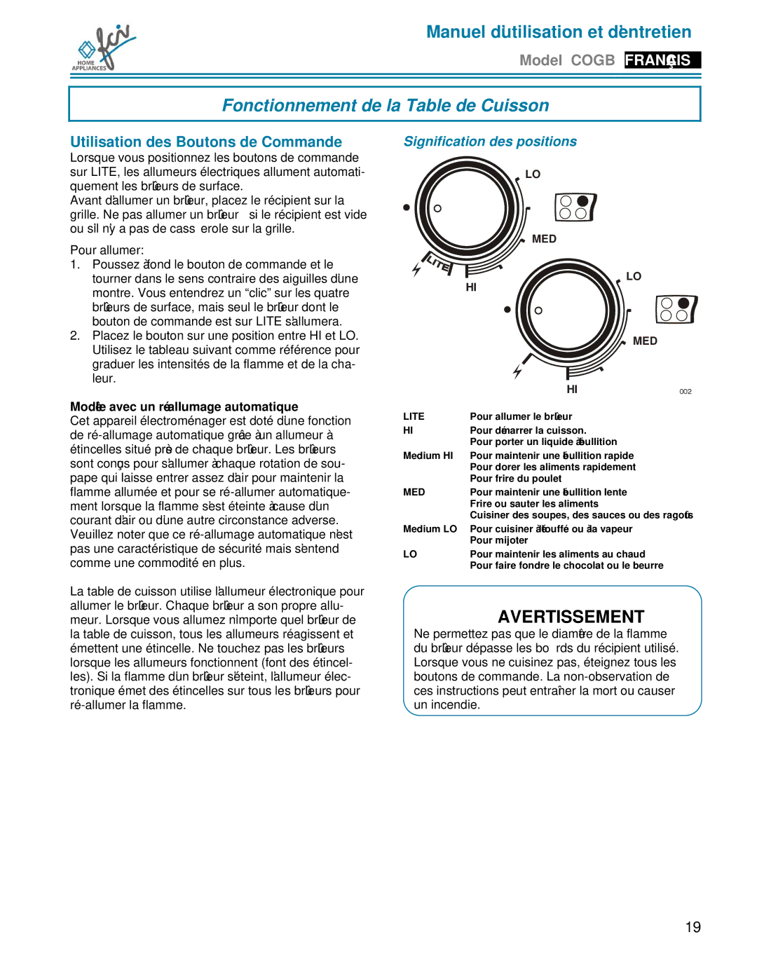 FCI Home Appliances COGB33062 manual Fonctionnement de la Table de Cuisson, Utilisation des Boutons de Commande 