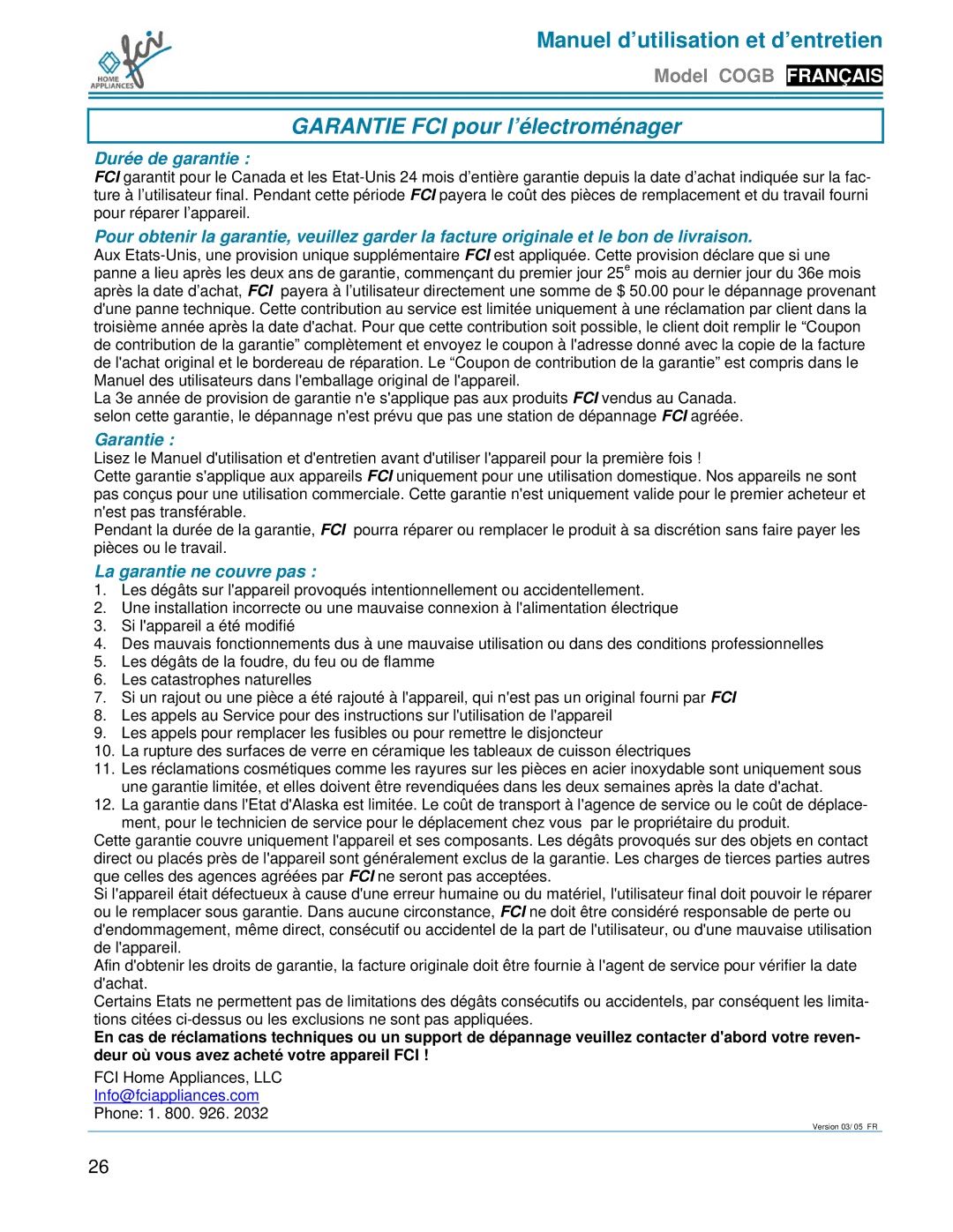 FCI Home Appliances COGB33062 manual Garantie FCI pour l’électroménager, Durée de garantie, La garantie ne couvre pas 