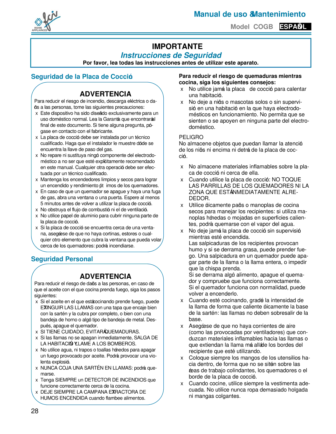 FCI Home Appliances COGB33062 manual Instrucciones de Seguridad, Seguridad de la Placa de Cocción, Seguridad Personal 