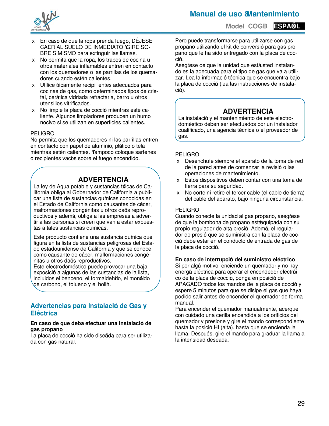 FCI Home Appliances COGB33062 manual Advertencias para Instalación de Gas y Eléctrica 