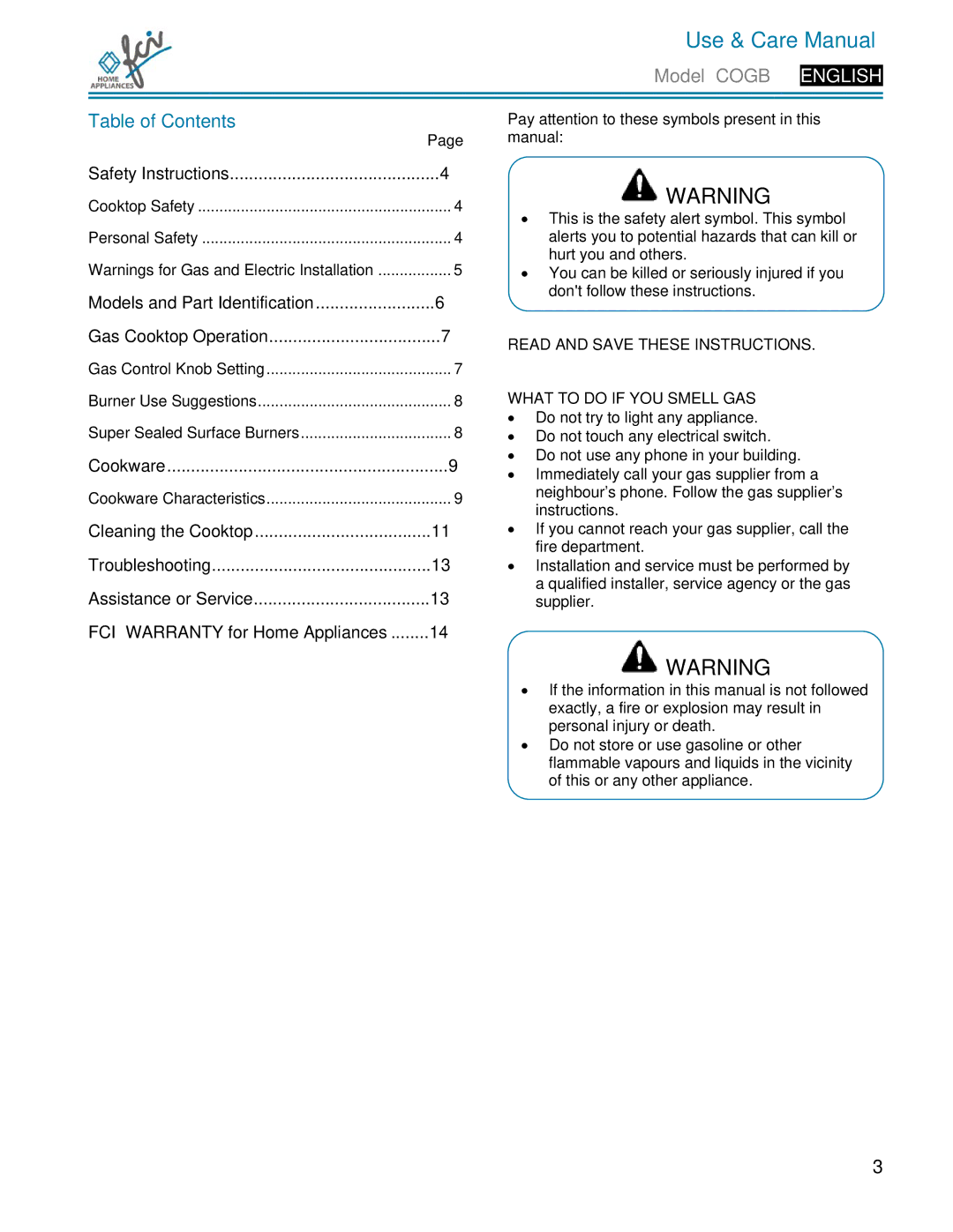 FCI Home Appliances COGB33062 manual Use & Care Manual, Table of Contents 