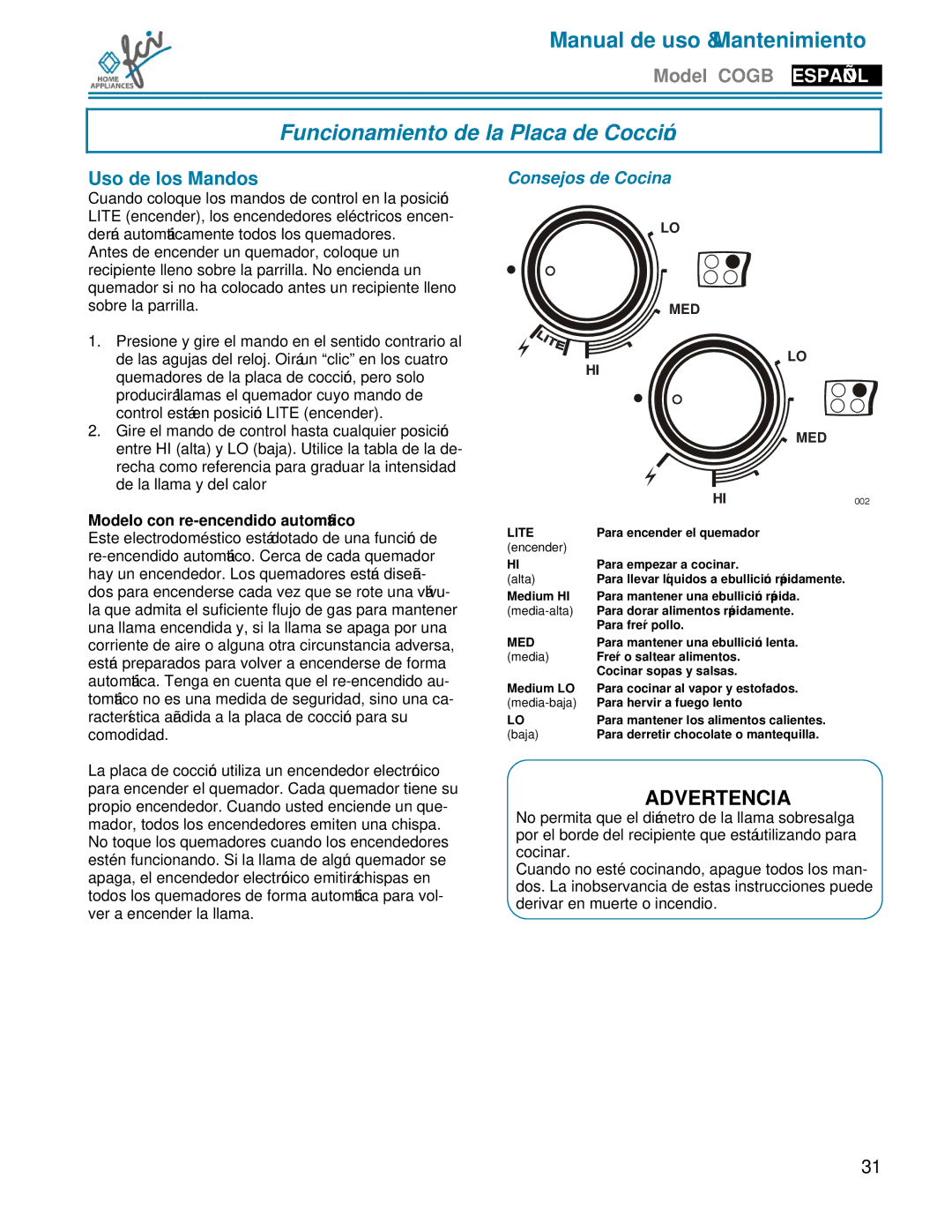 FCI Home Appliances COGB33062 manual Funcionamiento de la Placa de Cocción, Uso de los Mandos, Consejos de Cocina 