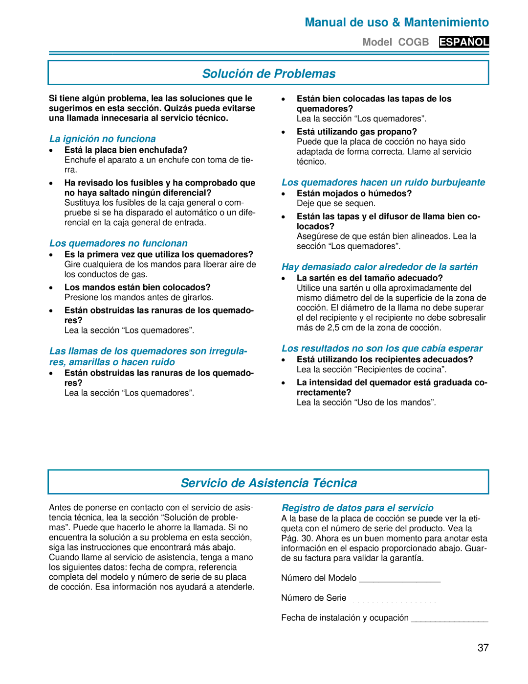 FCI Home Appliances COGB33062 manual Solución de Problemas, Servicio de Asistencia Técnica 