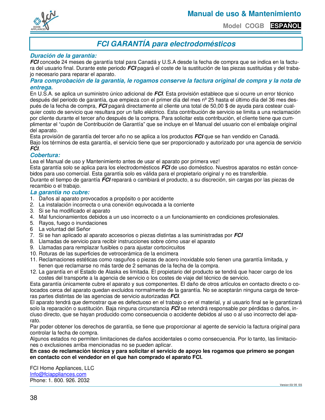 FCI Home Appliances COGB33062 manual FCI Garantía para electrodomésticos, Duración de la garantía, Cobertura 