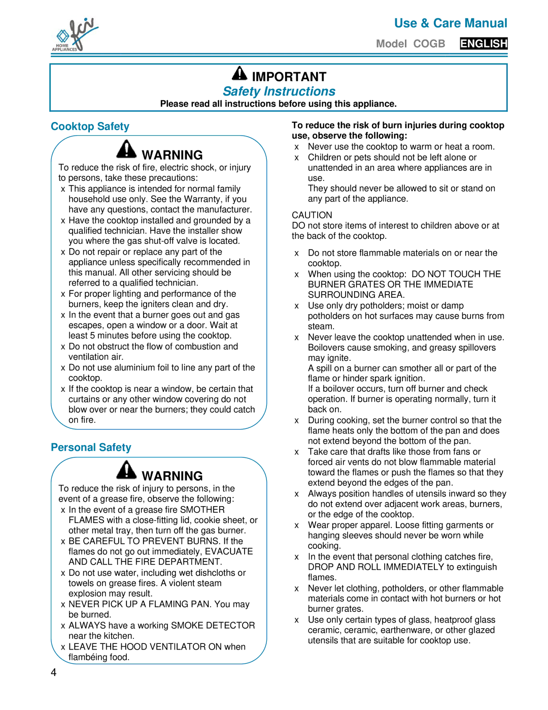 FCI Home Appliances COGB33062 manual Safety Instructions, Cooktop Safety, Personal Safety 