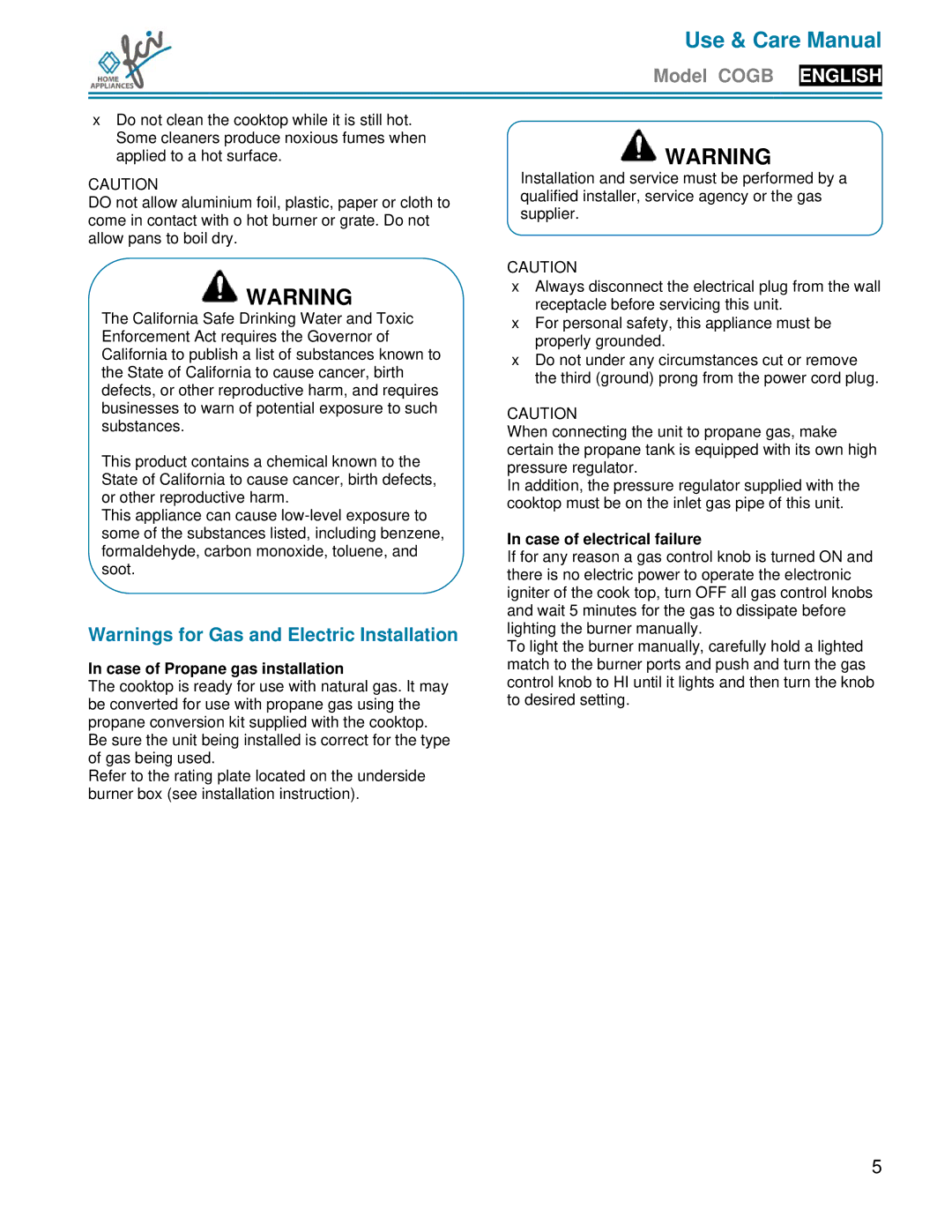 FCI Home Appliances COGB33062 manual Case of Propane gas installation, Case of electrical failure 