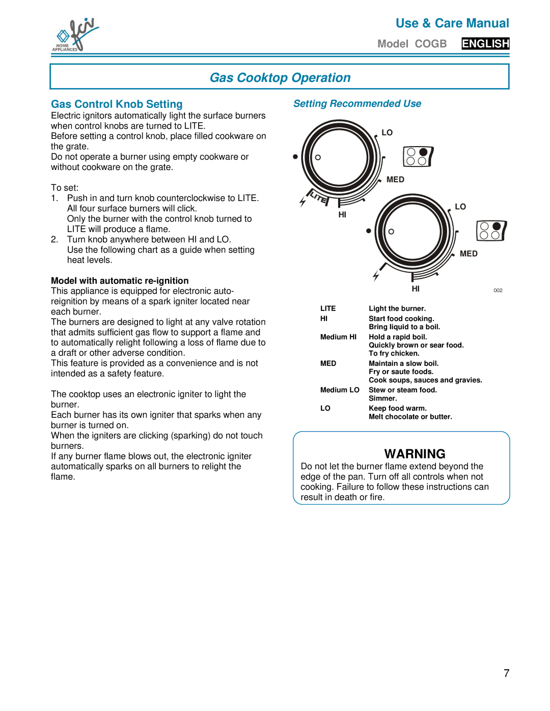 FCI Home Appliances COGB33062 manual Gas Cooktop Operation, Gas Control Knob Setting, Setting Recommended Use 