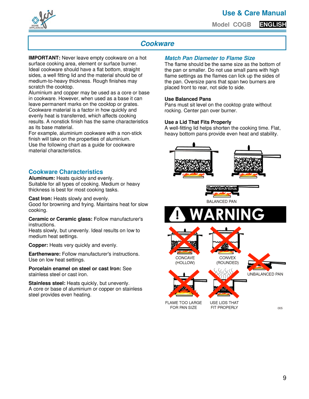 FCI Home Appliances COGB33062 manual Cookware Characteristics, Match Pan Diameter to Flame Size 
