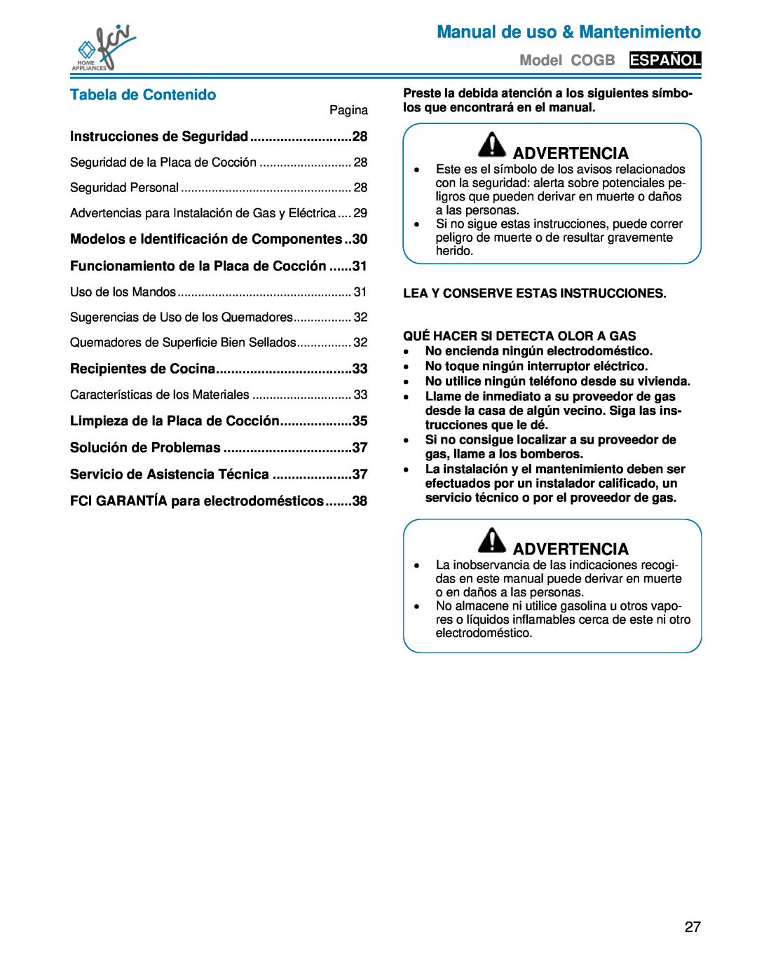 FCI Home Appliances COGB33062 Manual de uso & Mantenimiento, Advertencia, Tabela de Contenido, Español, Pagina, Model COGB 