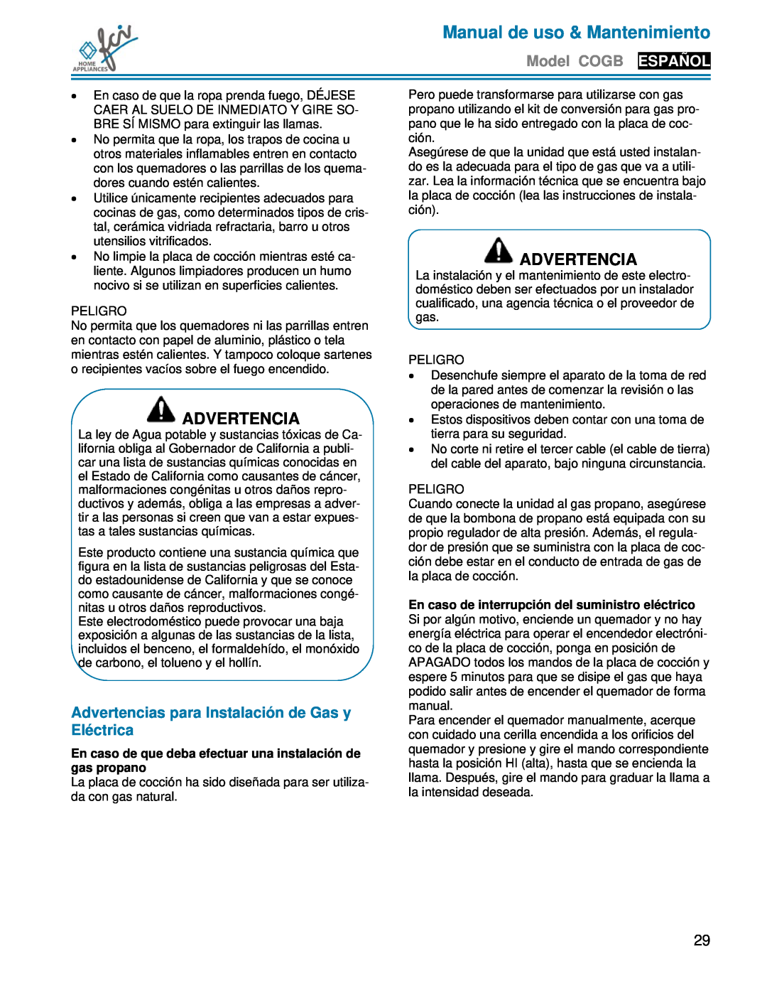 FCI Home Appliances COGB33062 manual Advertencias para Instalación de Gas y Eléctrica, Manual de uso & Mantenimiento 