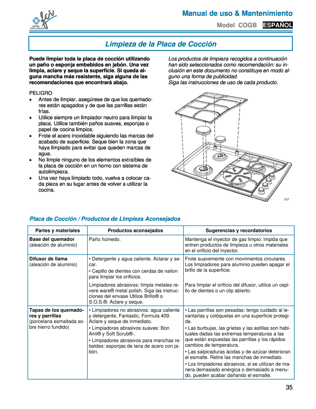 FCI Home Appliances COGB33062 manual Limpieza de la Placa de Cocción, Placa de Cocción / Productos de Limpieza Aconsejados 