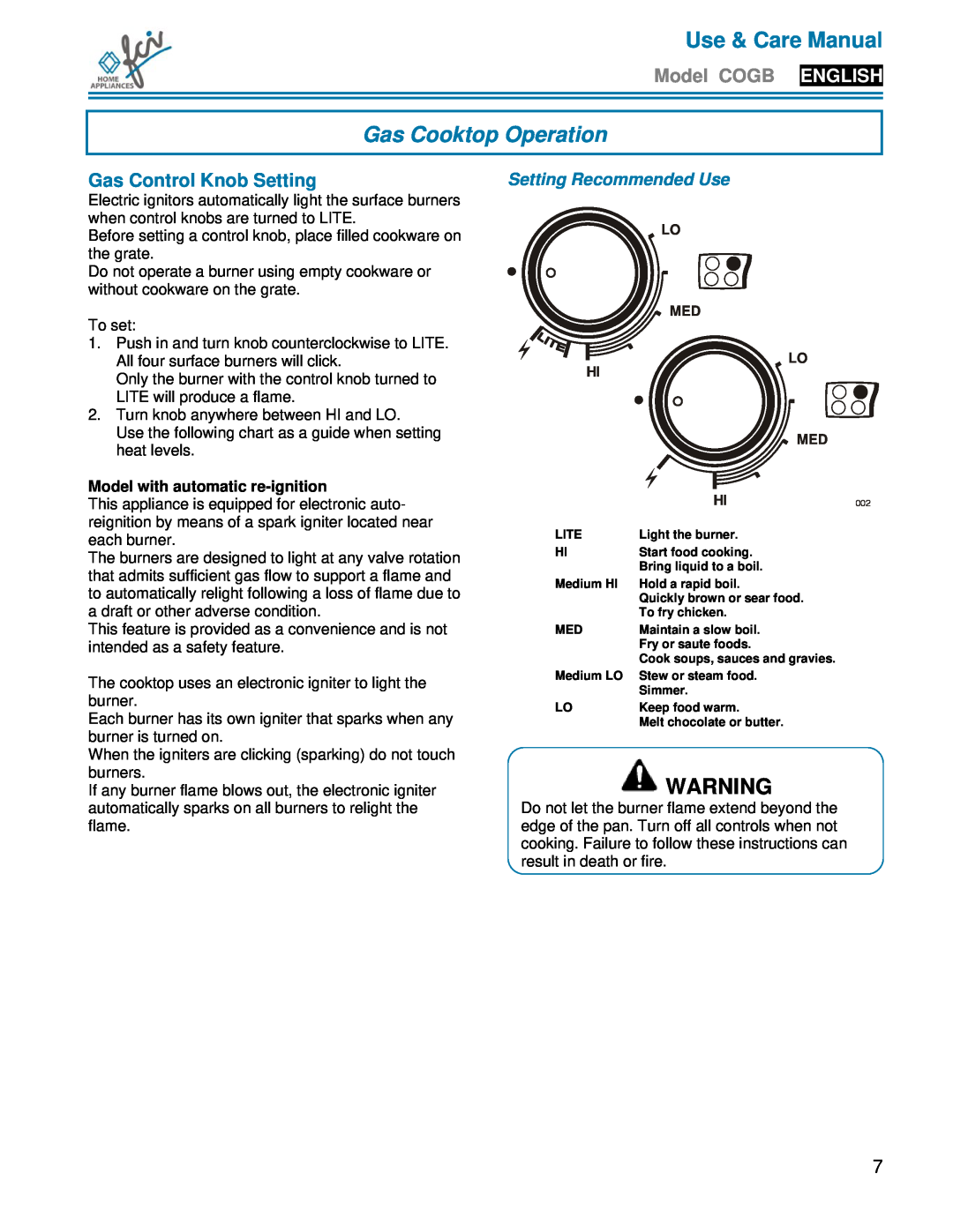 FCI Home Appliances COGB33062 Gas Cooktop Operation, Gas Control Knob Setting, Setting Recommended Use, Use & Care Manual 