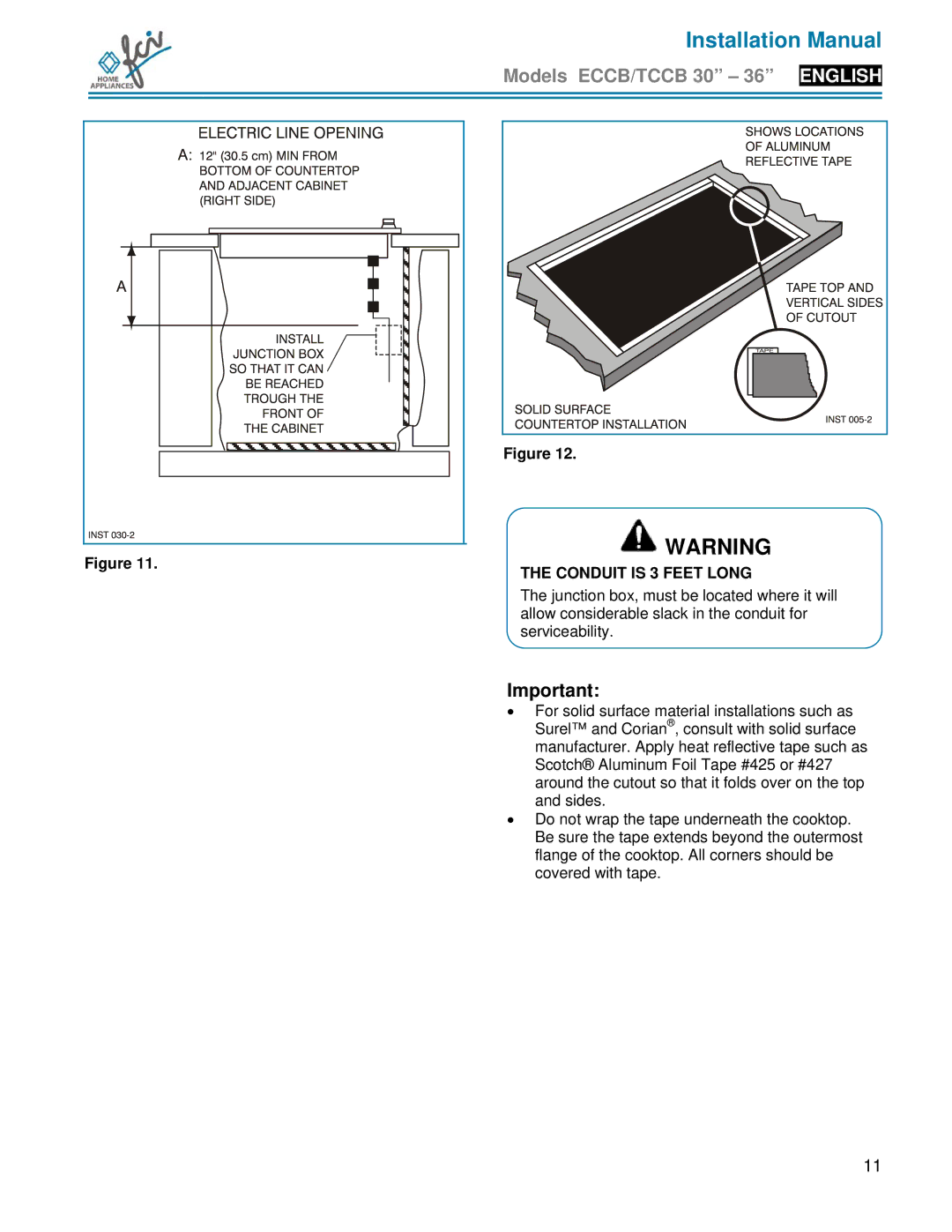 FCI Home Appliances TCCB 30, ECCB 30, TCCB 36 installation manual Conduit is 3 Feet Long 