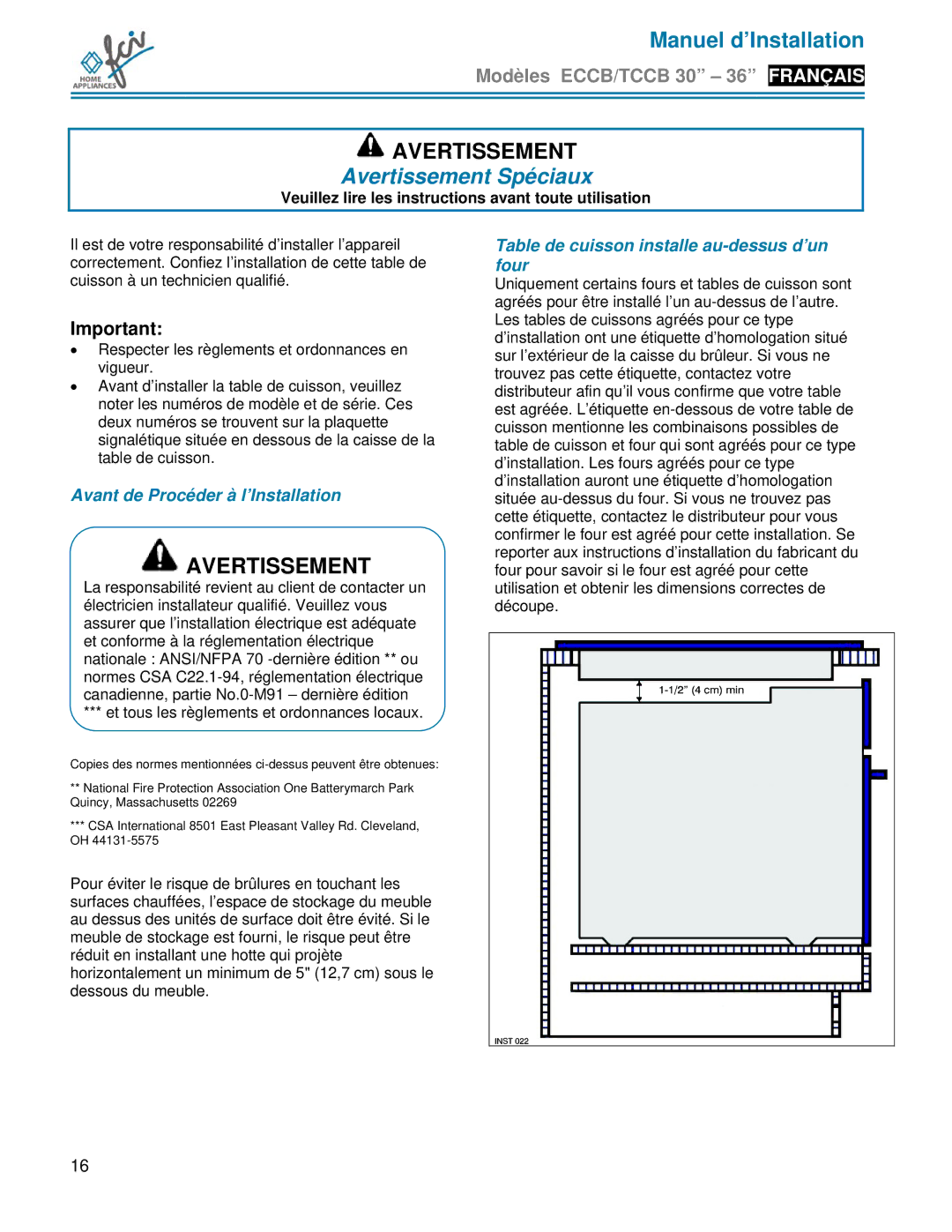 FCI Home Appliances TCCB 36, ECCB 30 Avertissement Spéciaux, Veuillez lire les instructions avant toute utilisation 