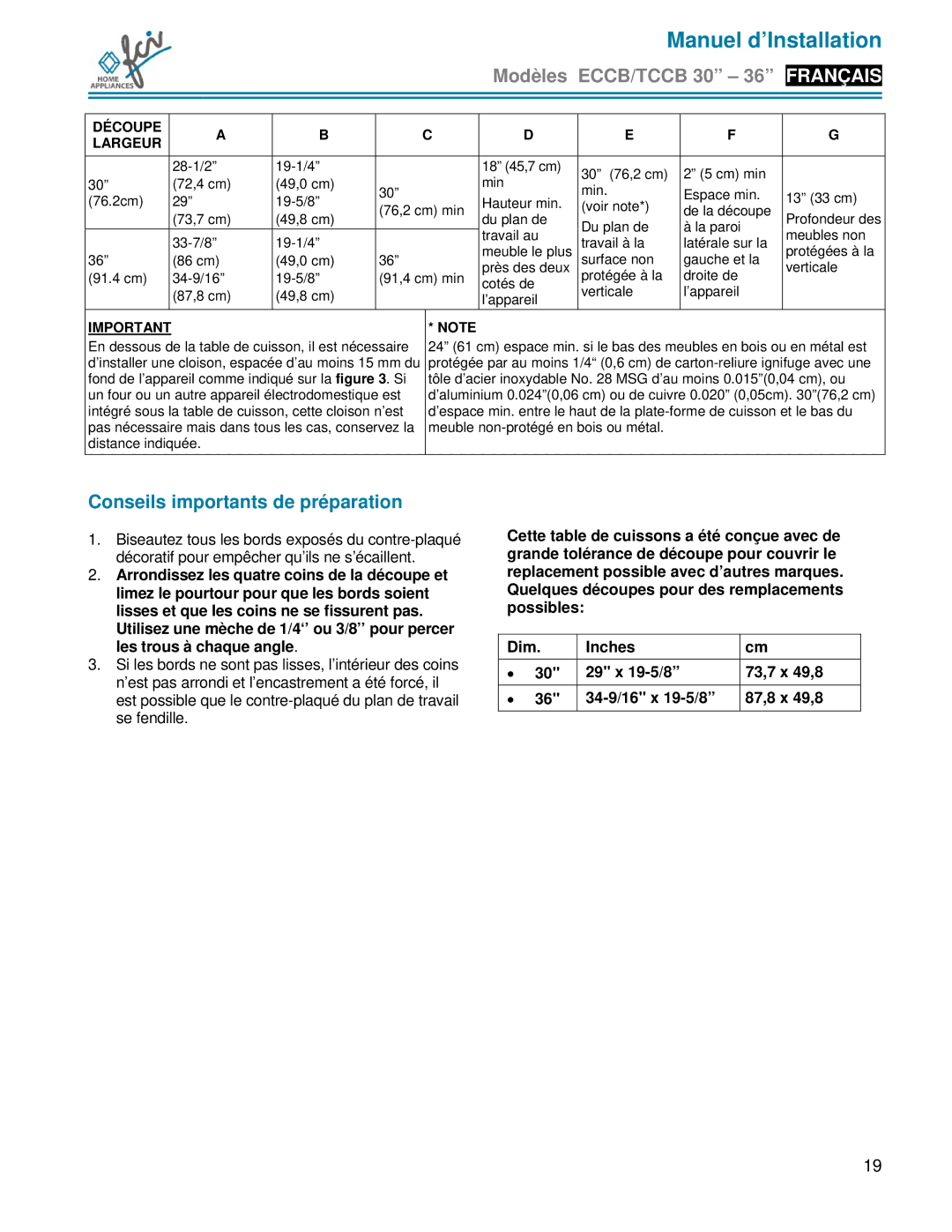 FCI Home Appliances TCCB 36, ECCB 30, TCCB 30 installation manual Conseils importants de préparation, Découpe Largeur 