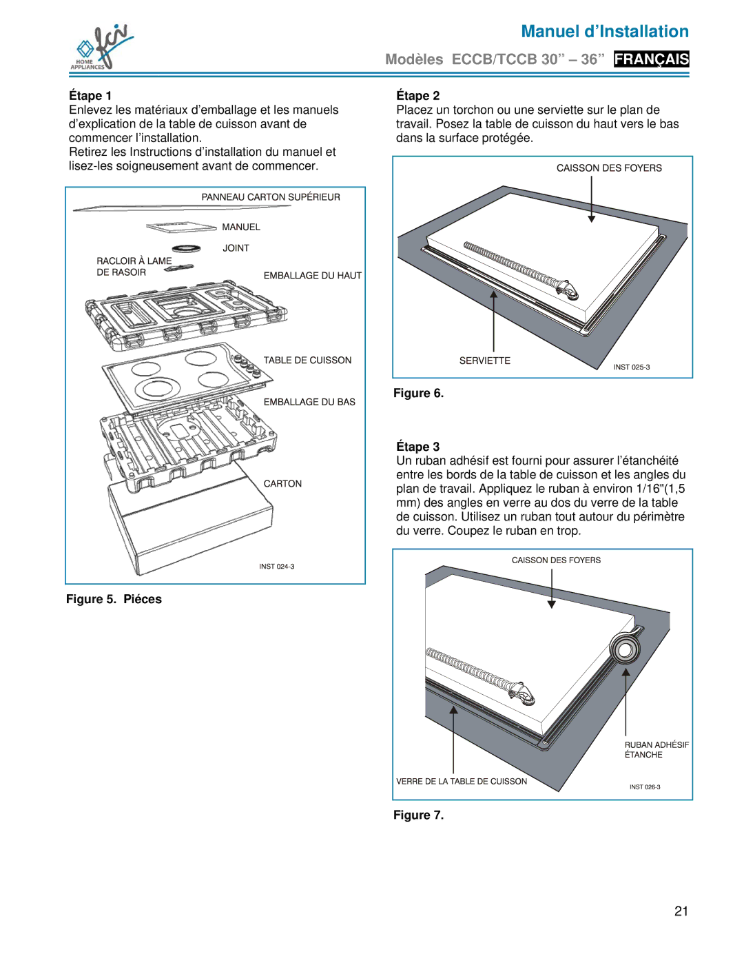 FCI Home Appliances ECCB 30, TCCB 36, TCCB 30 installation manual Étape, Piéces 