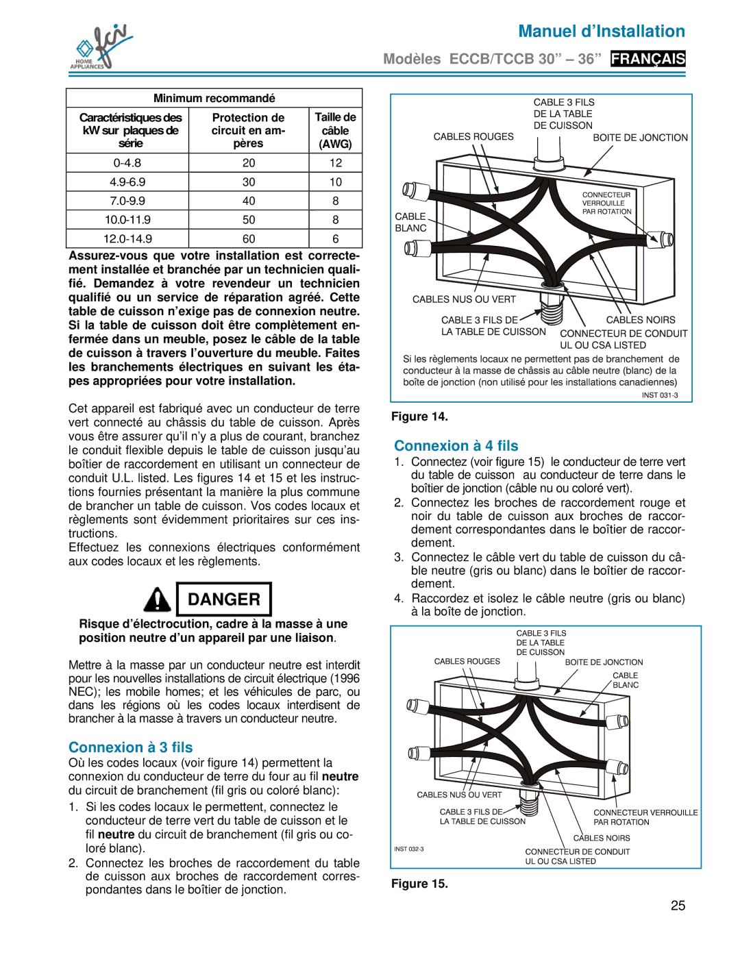 FCI Home Appliances TCCB 36, ECCB 30, TCCB 30 installation manual Connexion à 4 fils, Connexion à 3 fils, Minimum recommandé 