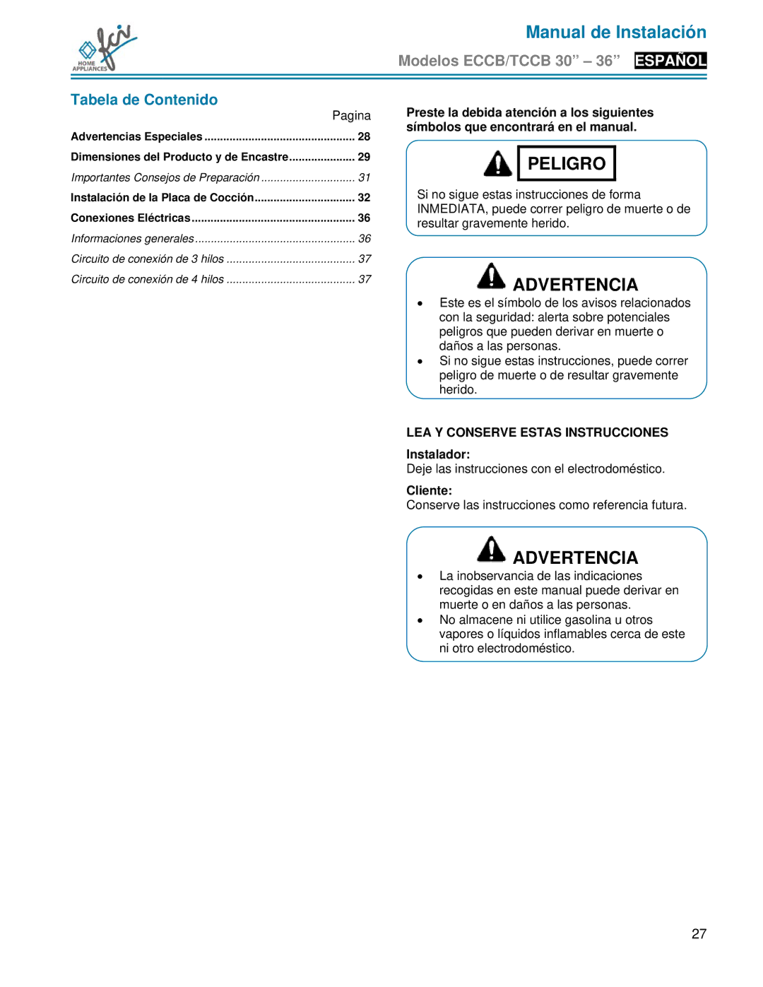 FCI Home Appliances ECCB 30, TCCB 36 Tabela de Contenido, Pagina Preste la debida atención a los siguientes, Cliente 