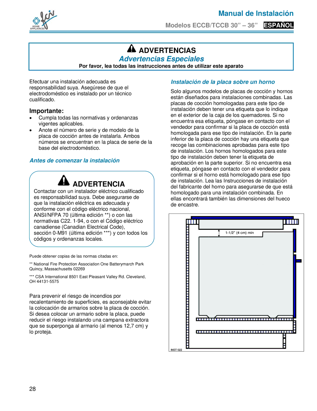 FCI Home Appliances TCCB 36, ECCB 30, TCCB 30 installation manual Advertencias Especiales, Importante 