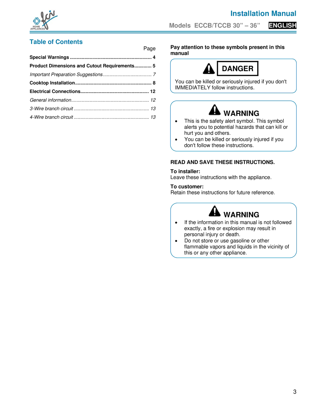 FCI Home Appliances ECCB 30, TCCB 36, TCCB 30 installation manual Installation Manual, Table of Contents 