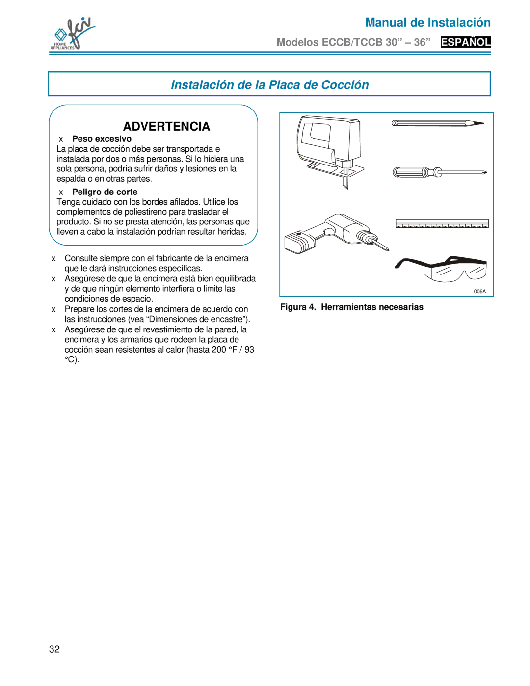 FCI Home Appliances TCCB 30, ECCB 30, TCCB 36 Instalación de la Placa de Cocción, Peso excesivo, Peligro de corte 