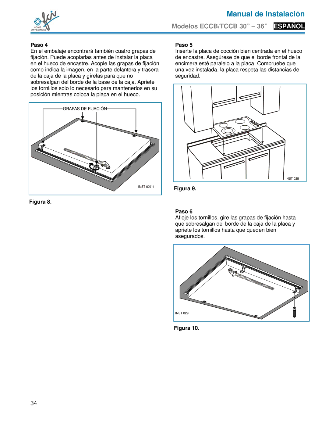 FCI Home Appliances TCCB 36, ECCB 30, TCCB 30 installation manual Manual de Instalación 