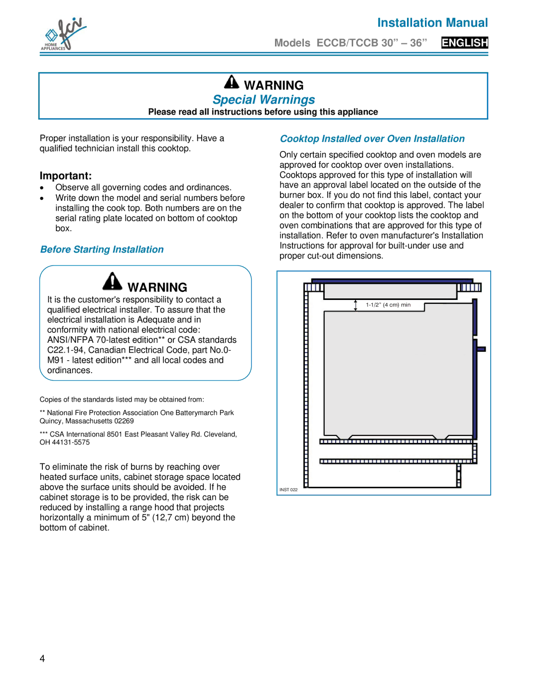 FCI Home Appliances TCCB 36, ECCB 30, TCCB 30 Special Warnings, Please read all instructions before using this appliance 