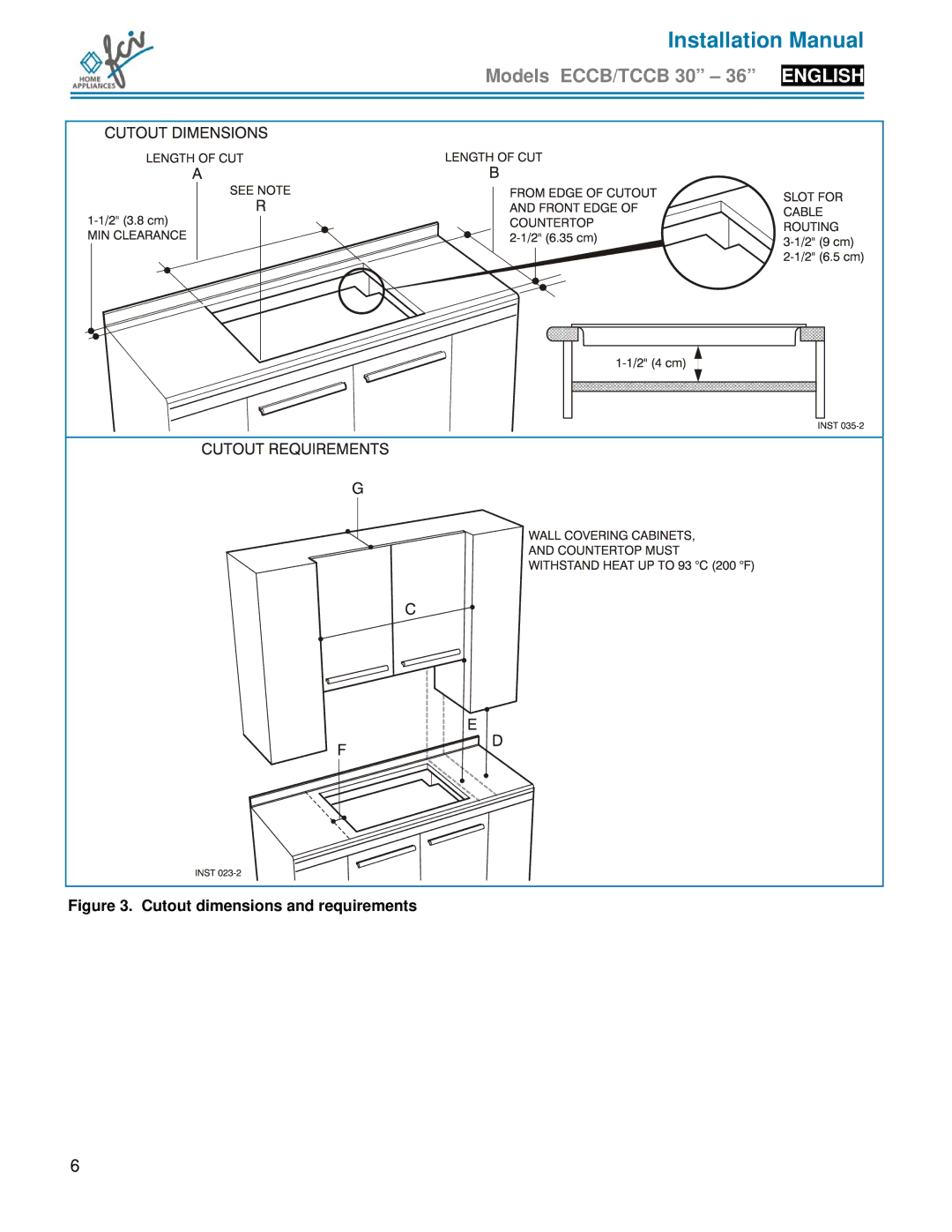 FCI Home Appliances ECCB 30, TCCB 36, TCCB 30 installation manual Cutout dimensions and requirements 