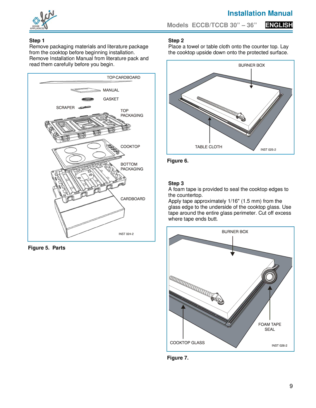 FCI Home Appliances ECCB 30, TCCB 36, TCCB 30 installation manual Step, Parts 